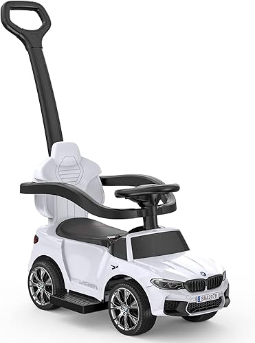 Jojoka Coche de empuje para niños pequeños, 4 en 1, auto con licencia BMW, cochecito deslizante con bocina, música, luz LED, mango de barandillas