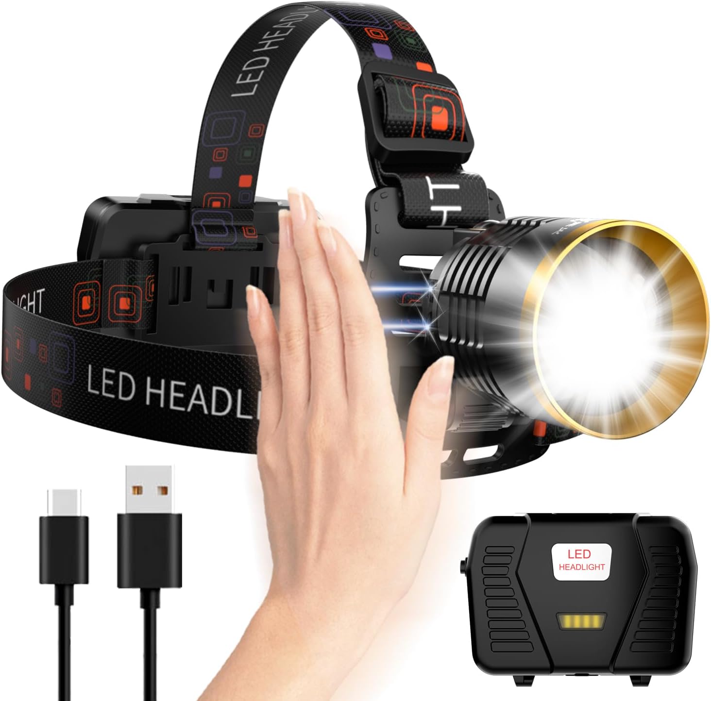 Rechargeable Headlamp LED, 1000 Lumens Super Bright Headlamp with Motion Sensor & Dual Light, 9000mAh Waterproof Head Light Zoomable 90° for Hiking, Camping, Cycling, Repair