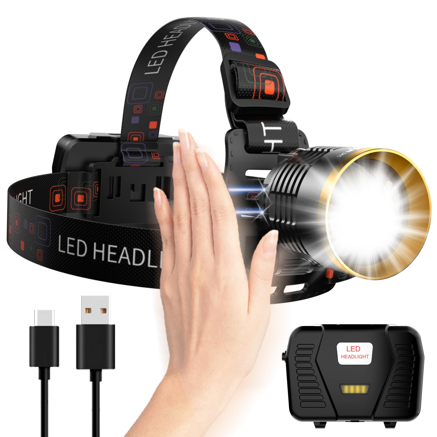 3000 Lumen Wiederaufladbare Stirnlampe, 13 Modi Bewegungsmelder Stirnlampe mit Zoombarer LED, 90° Einstellbar Wasserdicht Kopflampe für Erwachsene, Camping, Wandern, Angeln, Laufen