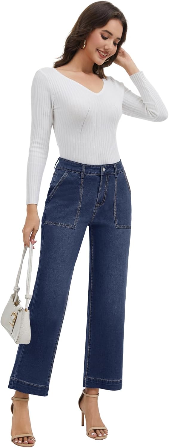 Metietila Women's Mid Waisted Cropped Jeans Wide Leg Denim Pants Flare Jeans with Pocket - Image 5