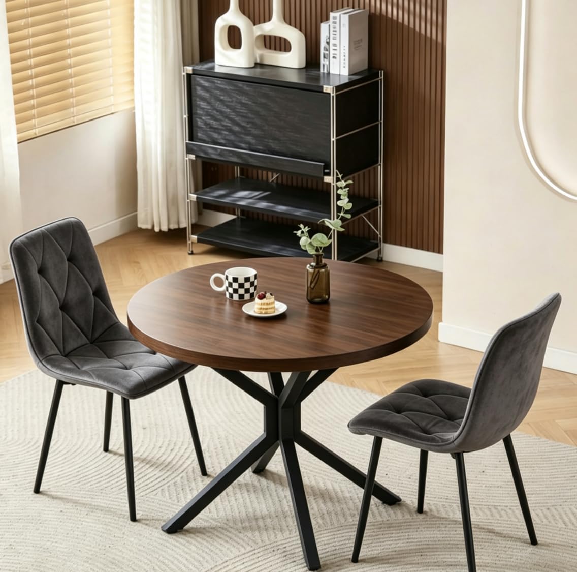 Pantanal 95cm Round Browish Walnut Wood Dining Table and Grey Velvet Chairs Set of 2, Modern 3 Pieces Kitchen Table with 2 Chairs for Dinette Restaurant Small Space