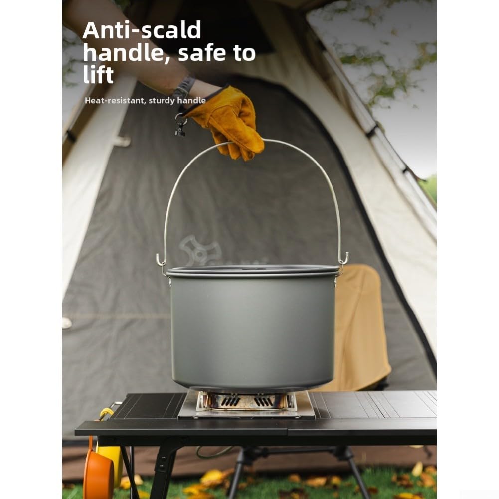 Olla colgante de camping de 15 L con tapa y vaporizador, juego de utensilios de cocina de aleación de aluminio anodizado duro con tabla de cortar, mango resistente al calor para picnic al aire libre