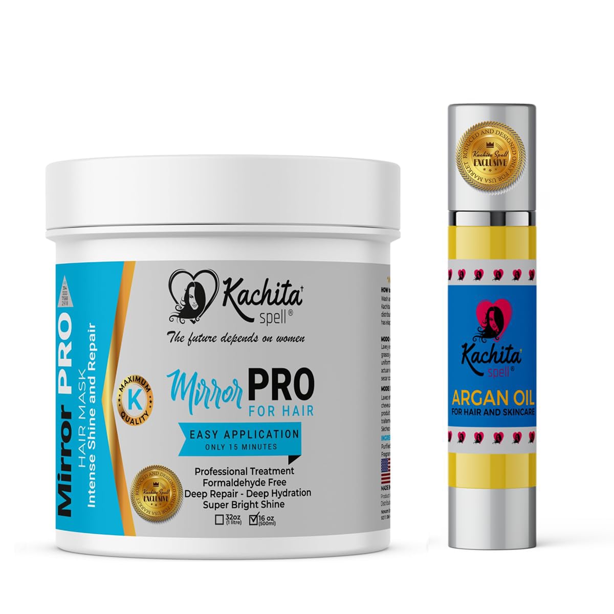Kachita Spell New Hair Treatment 16oz MirrorPRO Mask, Super Gloss and Shine Capillary Moroccan Argan Oil for Hair and Skin Premium Grade 100% Pure Moisturizer