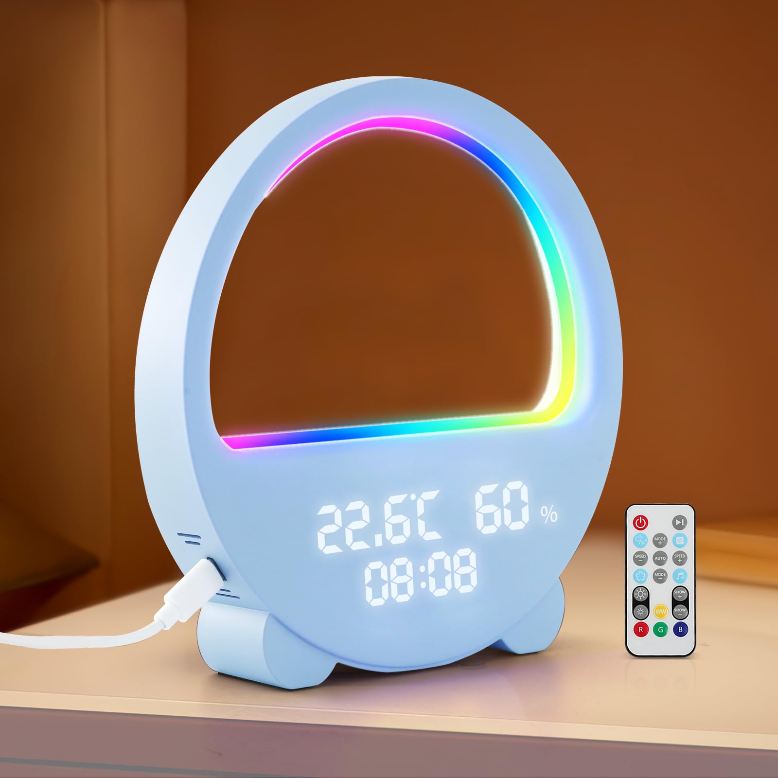 Wikay Lampada da Tavolo LED Ricaricabile RGB Lampada con Controllo remoto di temperatura e umidità Dimmerabile USB Ricaricabile 17 Colori per Camera, Ufficio, Bar, Ristoranti Giardino, Hotel