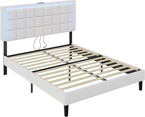 Miniatura 8 de AMERLIFE - Base de cama copetuda, tamaño Queen, con plataforma, tapizado de tela, con luces LED, base de cama tapizada con estación de carga, Gris