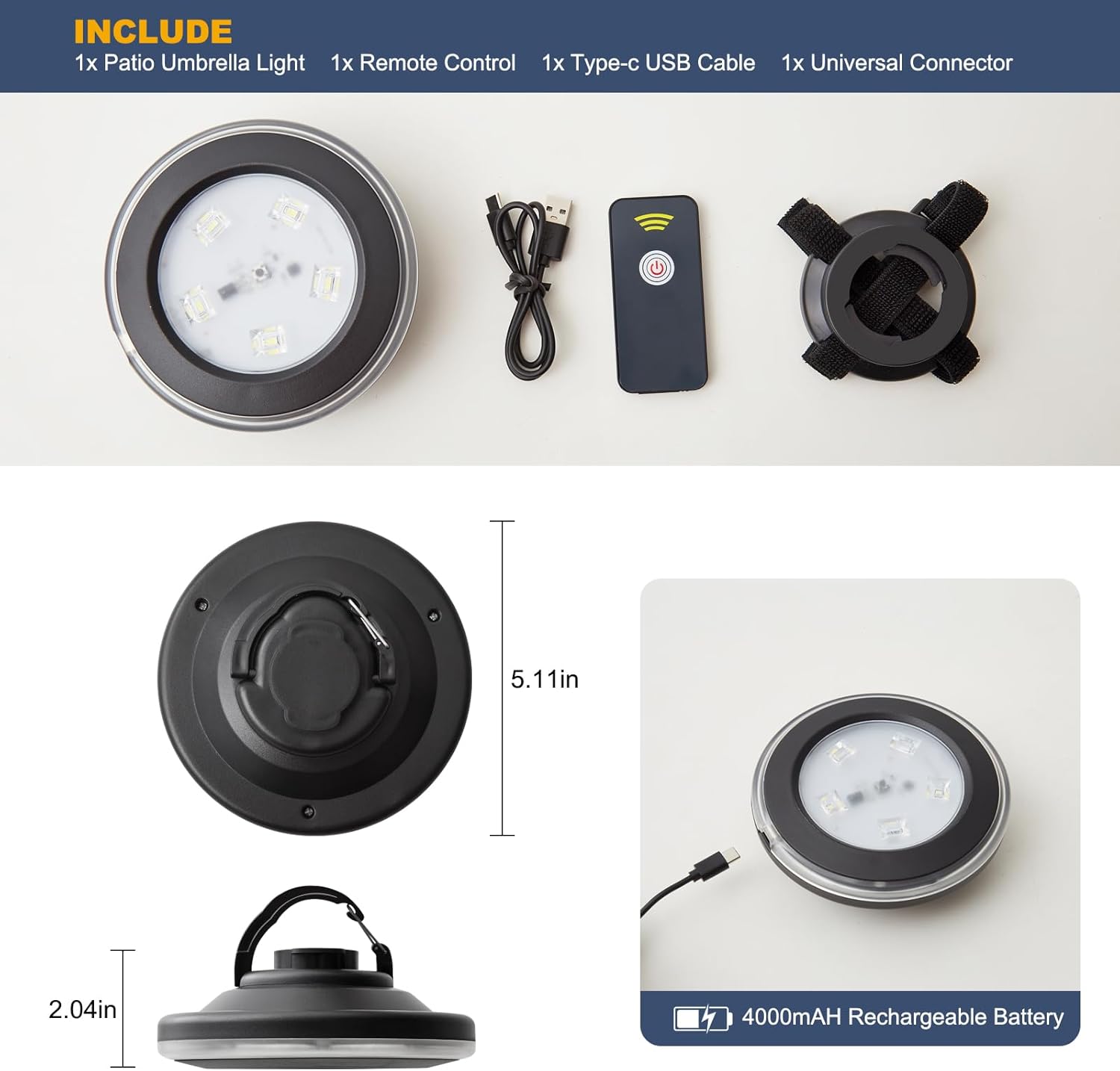 Patio Umbrella Lights with Remote, Rechargeable Portable Hanging LED Outdoor Lamp with 3 Brightness, Dimmable Camping Lights for Cantilever, Offset Umbrellas, Tents, Black