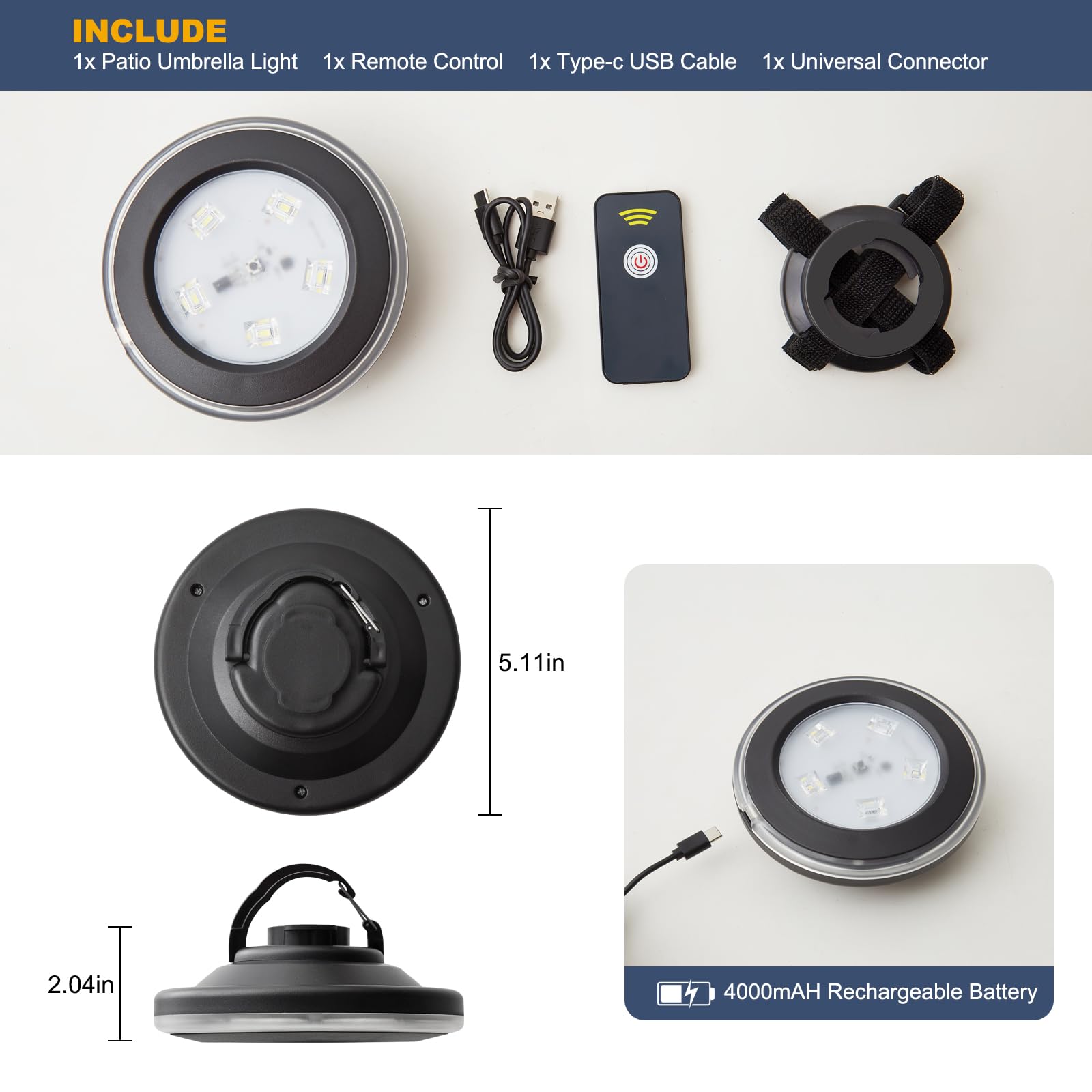 Lampe de parasol rechargeable avec télécommande, fonctionne à piles, avec 3 luminosités, lumière LED d'extérieur pour parapluies déportés, tentes, noir
