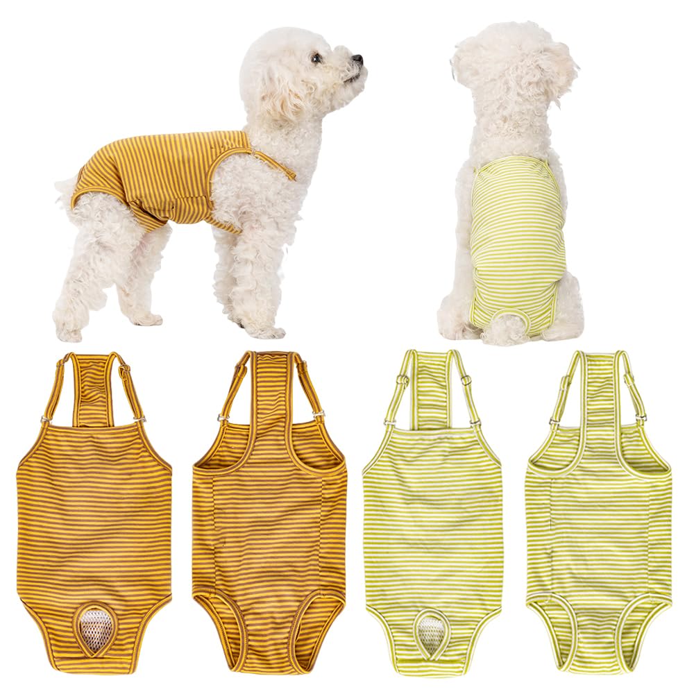 2 Pack Washable Dog Nappies for Female Dogs in Season Adjustable Suspender Sanitary Pants Reusable Pet Diaper Overalls Striped Light Green Yellow Brown Size M for Pet Leaks