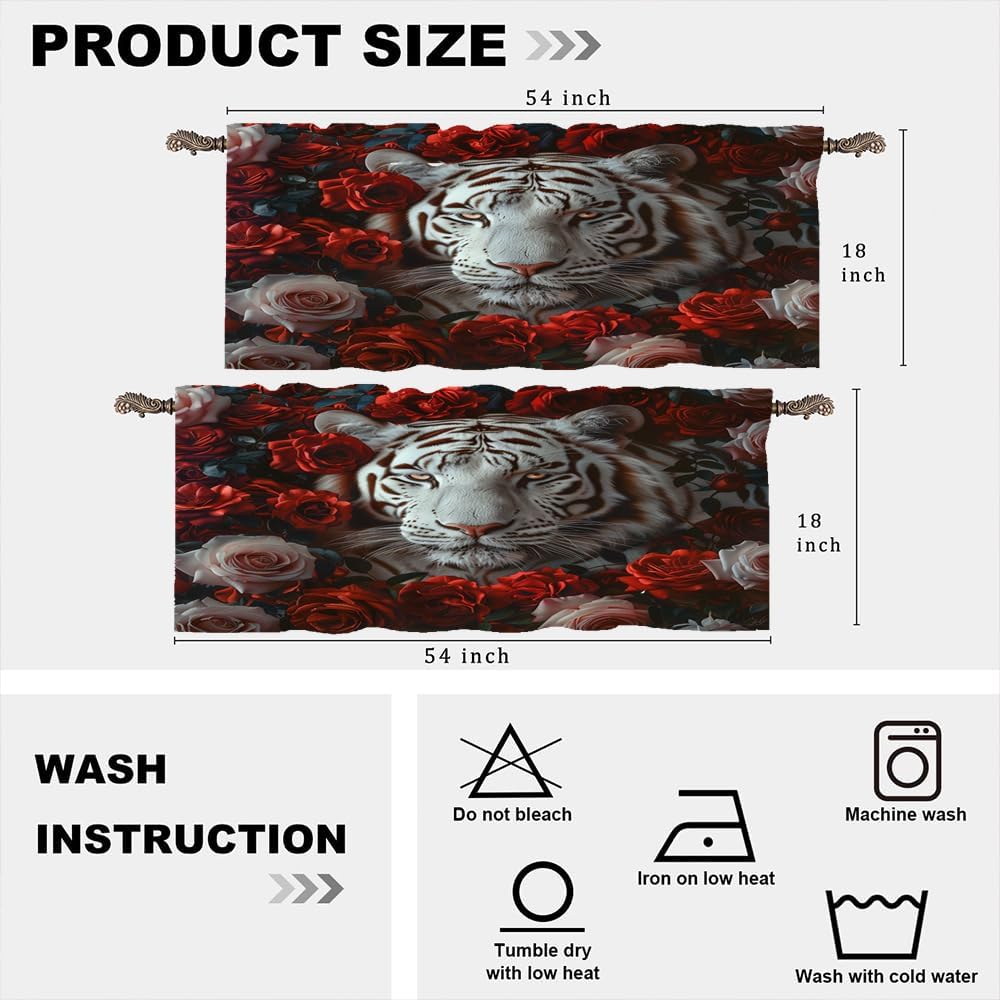 Abstract White Tiger Rose Prints Blackout Valances Watercolor Spring Garden Nature Wildlife Tiger Valances Curtains for Kitchen Windows Bathroom Living Room Bedroom 54x18inch（2Pcs）