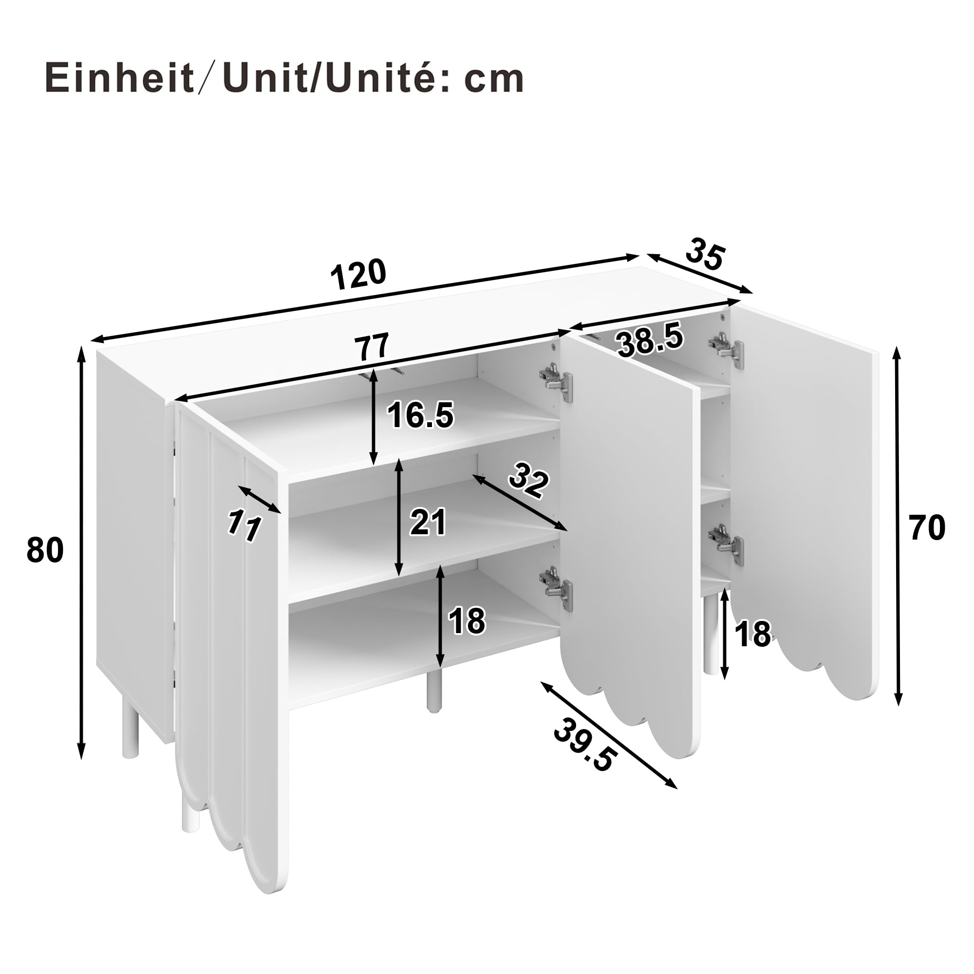 Credenza con ante ondulate, moderna bianca, 120 x 35 x 80 cm, senza maniglie, ripiani regolabili, spazio per soggiorno, corridoio e sala da pranzo