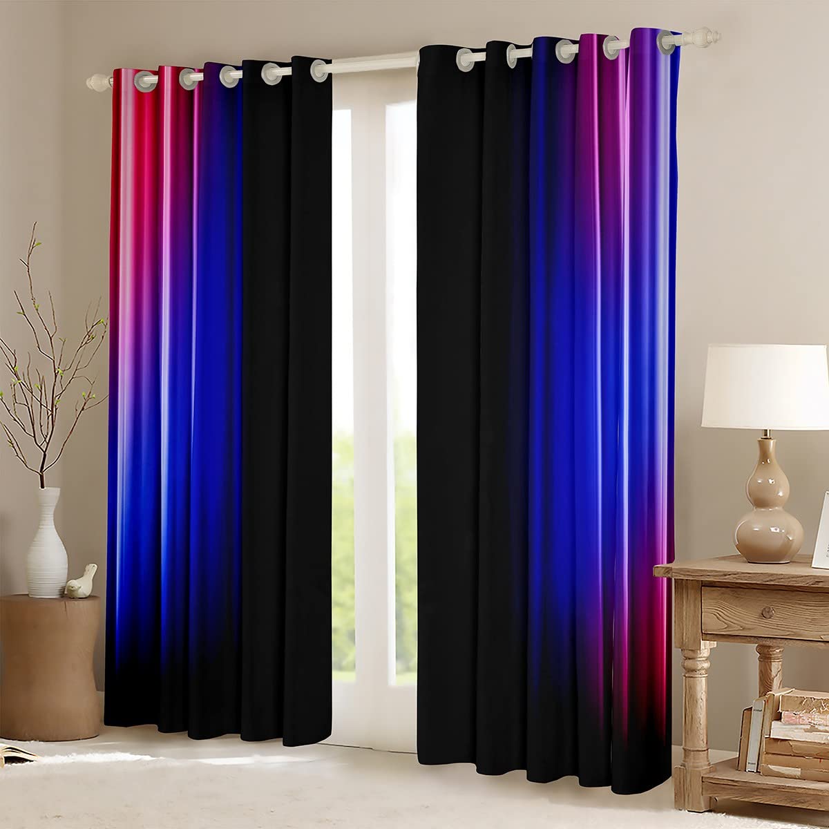 Loussiesd Geometric Abstract Ombre Window Curtains for Bedroom Living Room Kids Teens Red Blue And Black Striped Curtains Decor Modern Fashion Window Drapes Treatments W66*L72 - Image 2