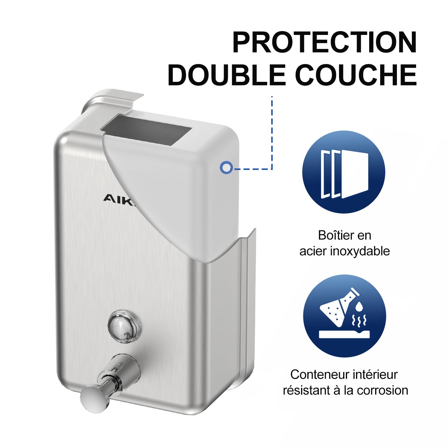 AIKE Distributeur de Savon Liquide Commercial Mural en Acier Inoxydable, avec Réservoir Interne ABS de 1100 ML Antirouille, AK1003 (Brossé)