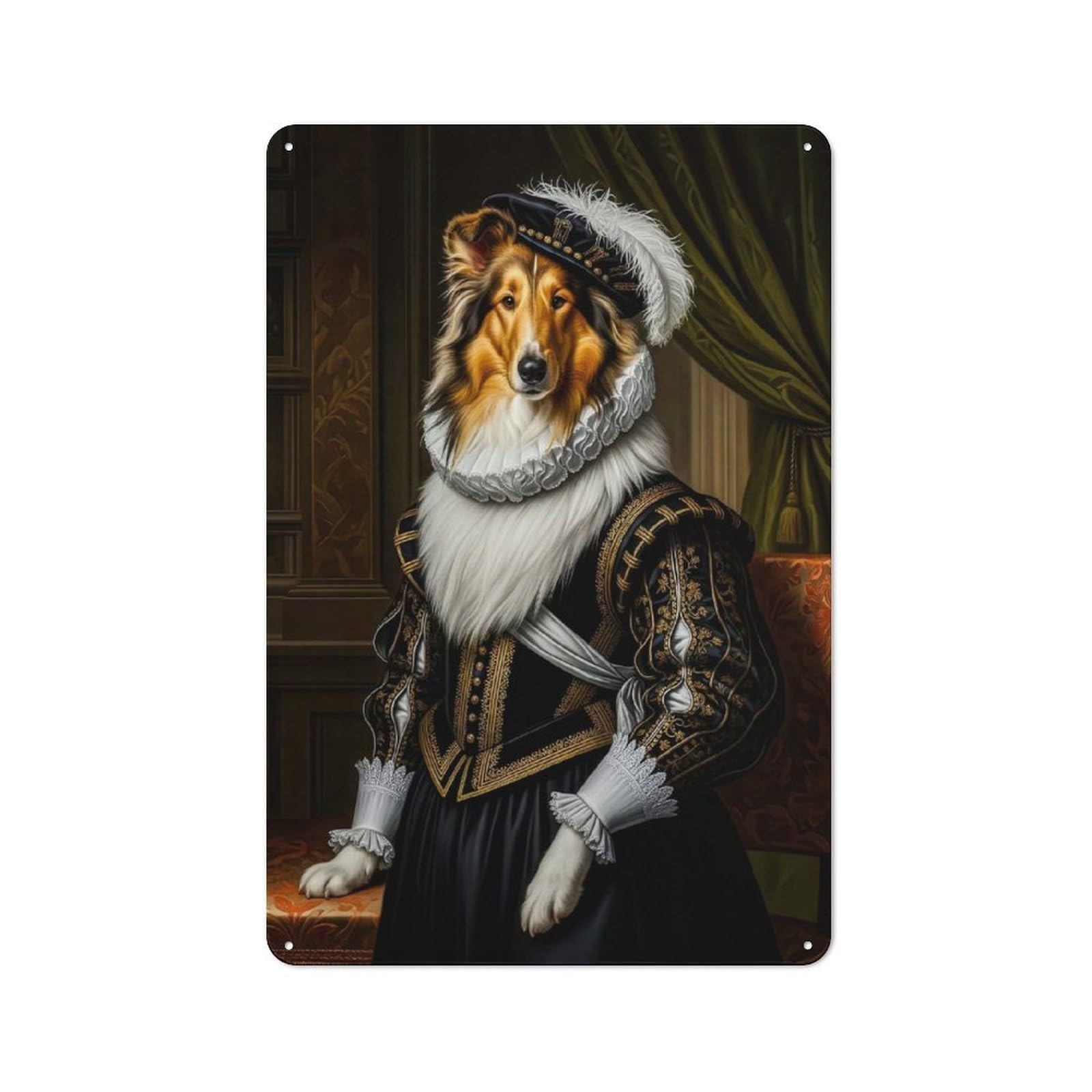 Junmoney Style-23 Metal Wall Sign 30X20cm Featuring Dog Portrait In Renaissance Attire For Workshop Wall, For Vintage Wall Decor Fans, For Kitchen And Home Bar Decor