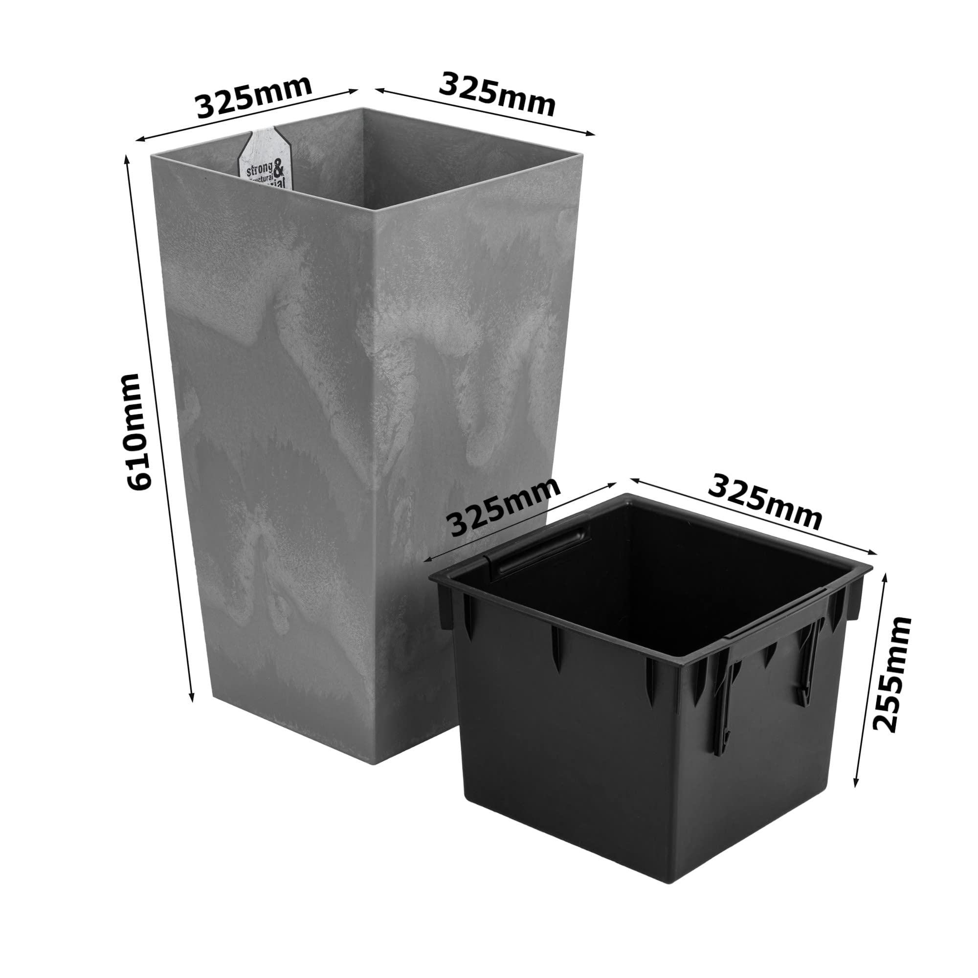 botle Fioriera 49 L con inserto 25 L effetto cemento H 610 mm vaso in plastica vaso quadrato cemento struttura, grigio, per interni ed esterni giardino patio soggiorno terrazza W