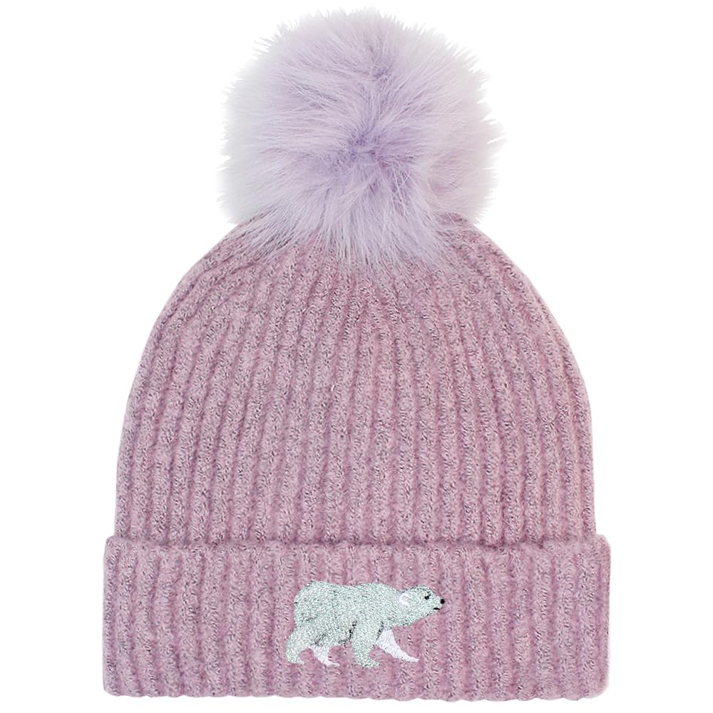 Teddyt's Women's Heather Luxury Embroidered Sparkly Polar Bear Fleece Lined Bobble Hat (Heather)