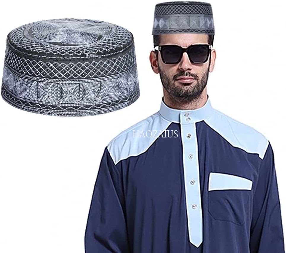 Mens Muslim Hat Islamic Prayer Cap, Muslim Eid Prayer Embroidered Kufi Fat Ramadan Mosque Arab Indian Prayer Cap