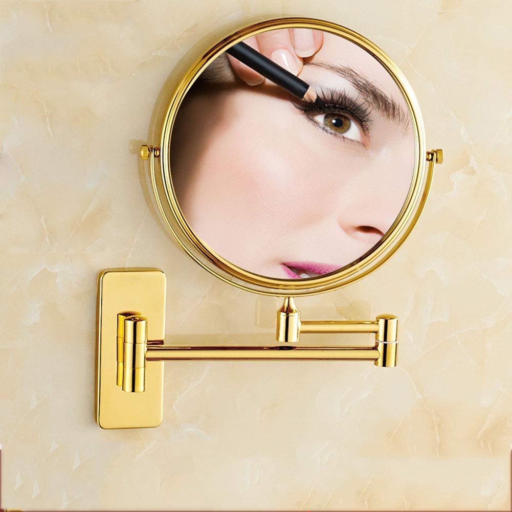 Specchio per Trucco a Parete con ingrandimento 3X, Specchio cosmetico da Bagno bifacciale Premium da 8 Pollici, Girevole a 360 Gradi, Senza Luce, Braccio Estensibile, Rotondo (Colore : Oro)