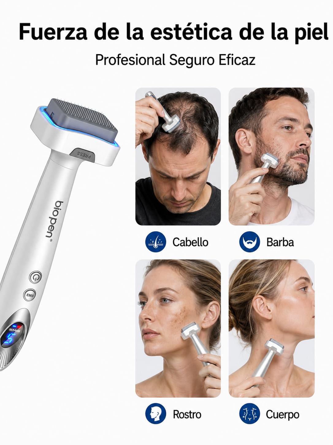 Biopen Bio6 Derma Stamp - Rodillo eléctrico 4 en 1 para tratamiento de la pérdida de cabello en la cabeza, antienvejecimiento, estiramiento de la piel, aclarado, imperfecciones, tratamiento de la