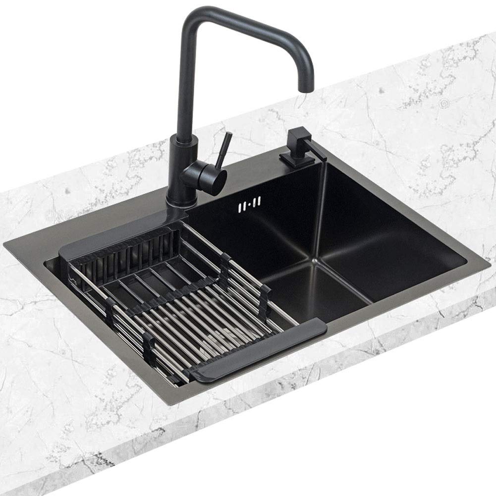 Robinet d'évier en acier inoxydable noir à cuve profonde 200mm avec égouttoir à vaisselle