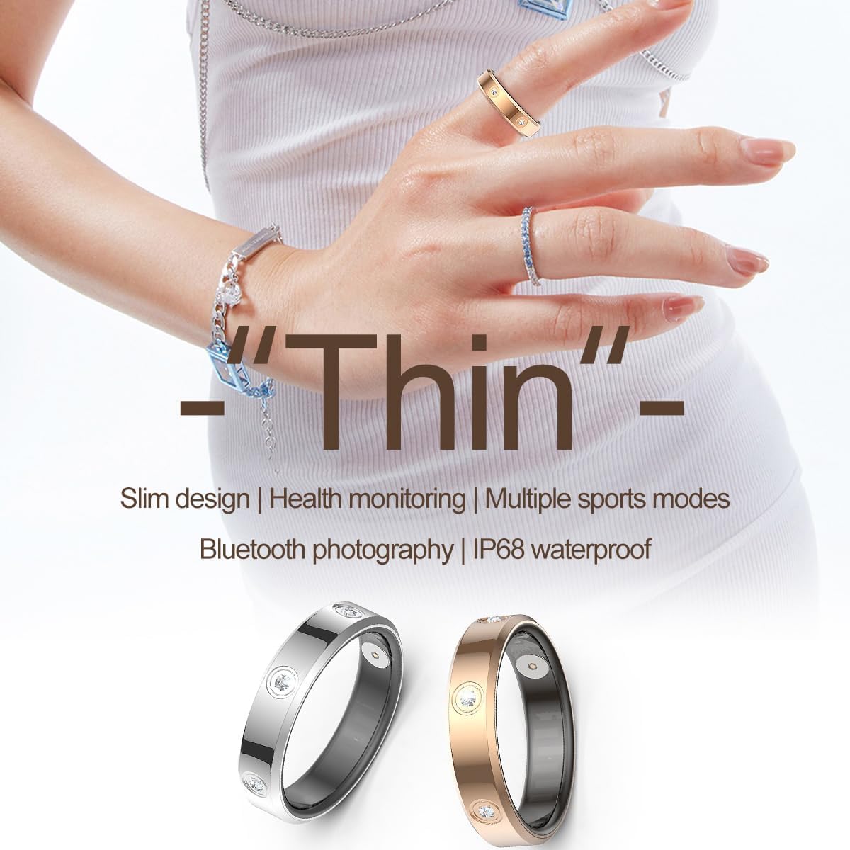 findtime Smart Ring - Anneaux de fitness ultra étroits - Moniteur de fréquence cardiaque - Moniteur de sommeil - Oxygène dans le sang - Moniteur de santé - Compteur de pas de calories - Podomètre