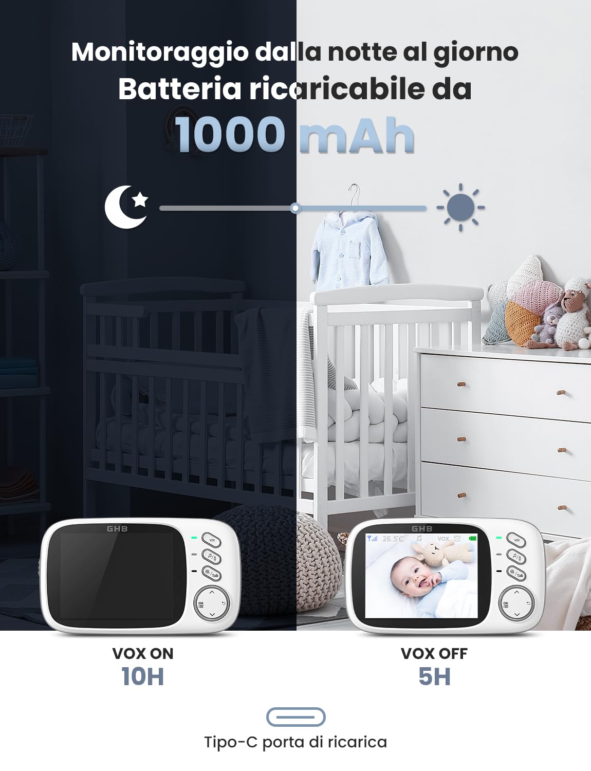 GHB Baby Monitor Video e Audio 3.2'', Telecamera Bambini con Monitor 1000mAh, Visione Notturna, Rilevamento Temperatura, Interfono Bidirezionale, VOX