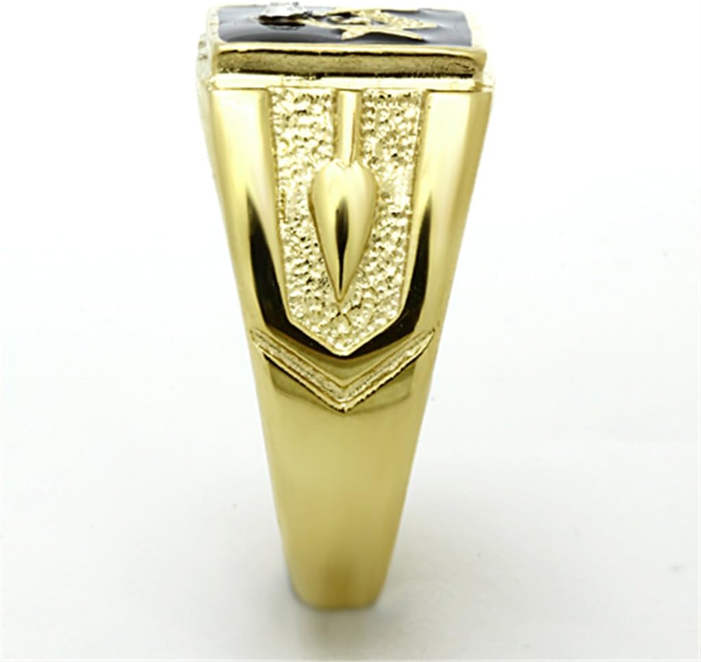 Men's Squared Gold Plated & Black Epoxy Masonic Lodge Freemason Signet Nugget Ring in Hypoallergenic 14K Gold Plated Stainless Steel Ornate Statement Ring - Yellow Gold