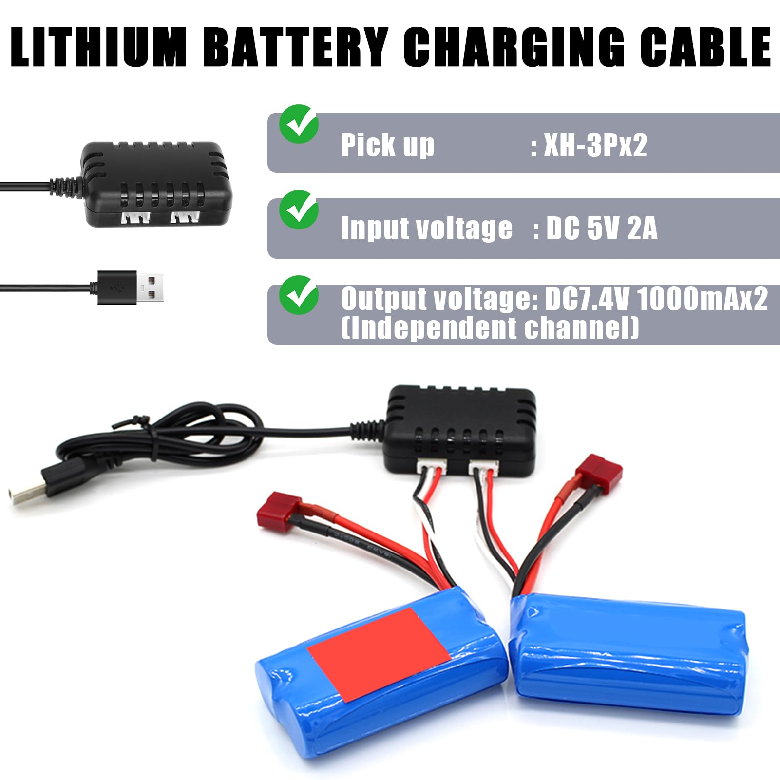 Nettoppo Caricabatterie 2S 7,4 V 2 In 1 con Connettore XH-3P per Auto e Camion RC AX24 SCX24 UTB18 SCX24, Batterie al Litio 7,4 V 2S