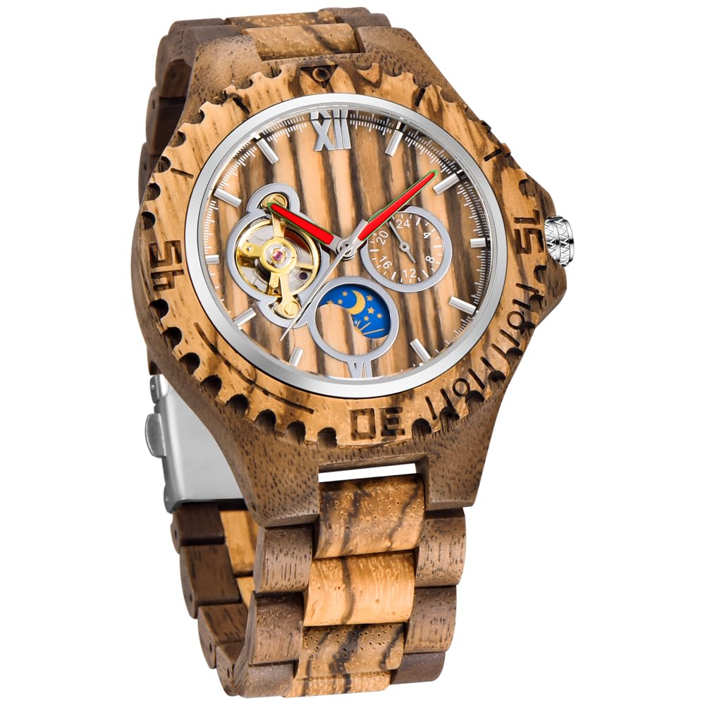 Tiong Orologio da uomo in legno, meccanico, scheletro, movimento automatico, Mwd-03moon, Retrò | Orologio da uomo retrò leggero con scatola regalo in legno, classico orologio in legno come regalo per uomini