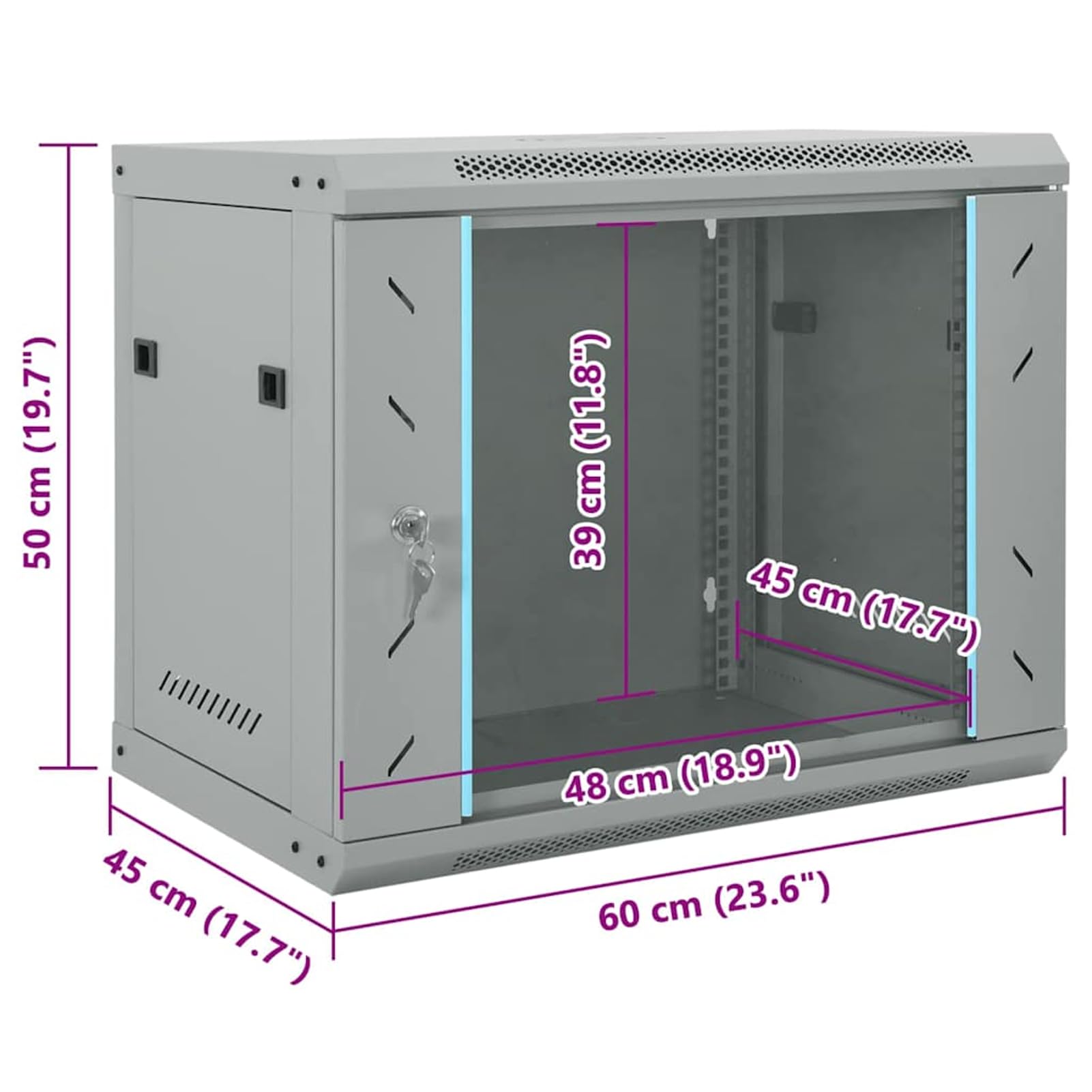 Armadio di rete grigio 60 x 45 x 50 cm in acciaio con vetro di sicurezza monolastra – per una gestione ordinata dei cavi in ufficio e a casa