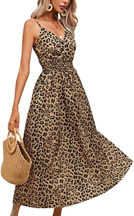 Damen Sommer Kleider V-Ausschnitt Spaghetti Strap Ärmellos Casual Midi Kleid Leopard Casual Sundress