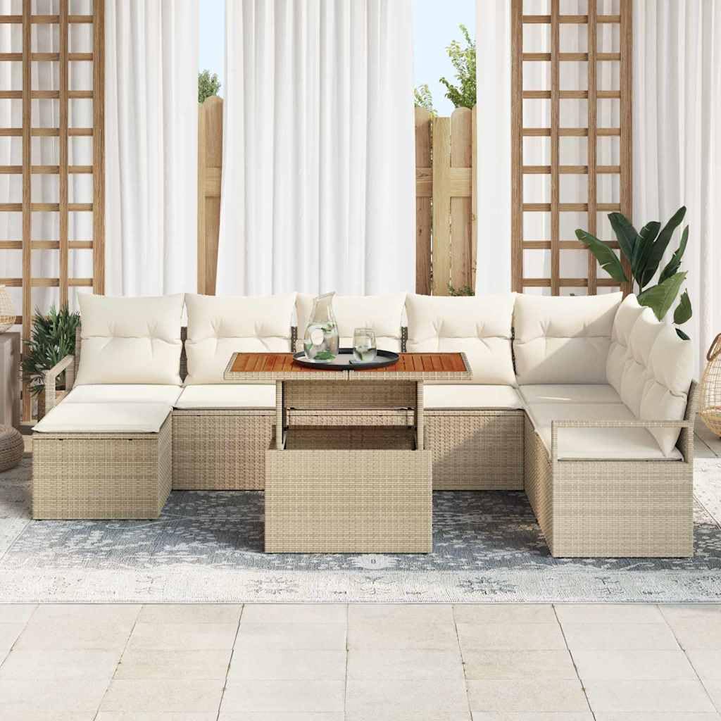 Salon de Jardin 9 Pièces Beige, Ensemble Canapé de Jardin Modulable en Résine Tressée et Acier, Canapé d'Extérieur avec Coffre de Rangement et Table Acacia