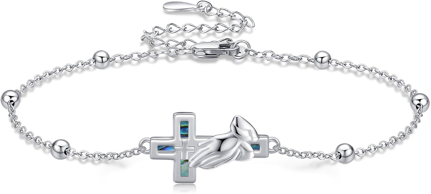 Praying Hands Bracelet 925 Sterling Silver Abalone Cross Serenity Prayer Link Bracelet Religious Jewelry Gifts for Women Men