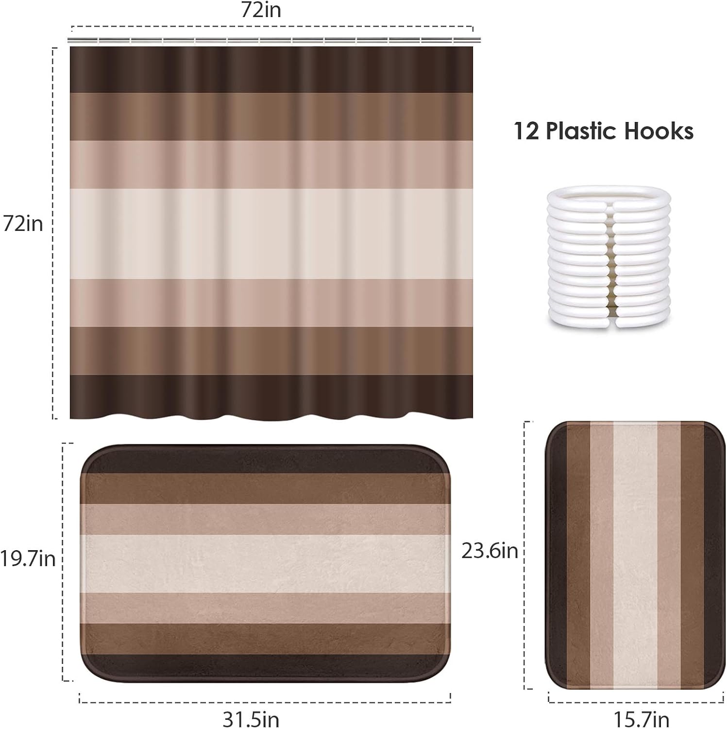 ArtSocket Bathroom Set of 3, Shower Curtain and Bath Rugs Ombre Striped image 2
