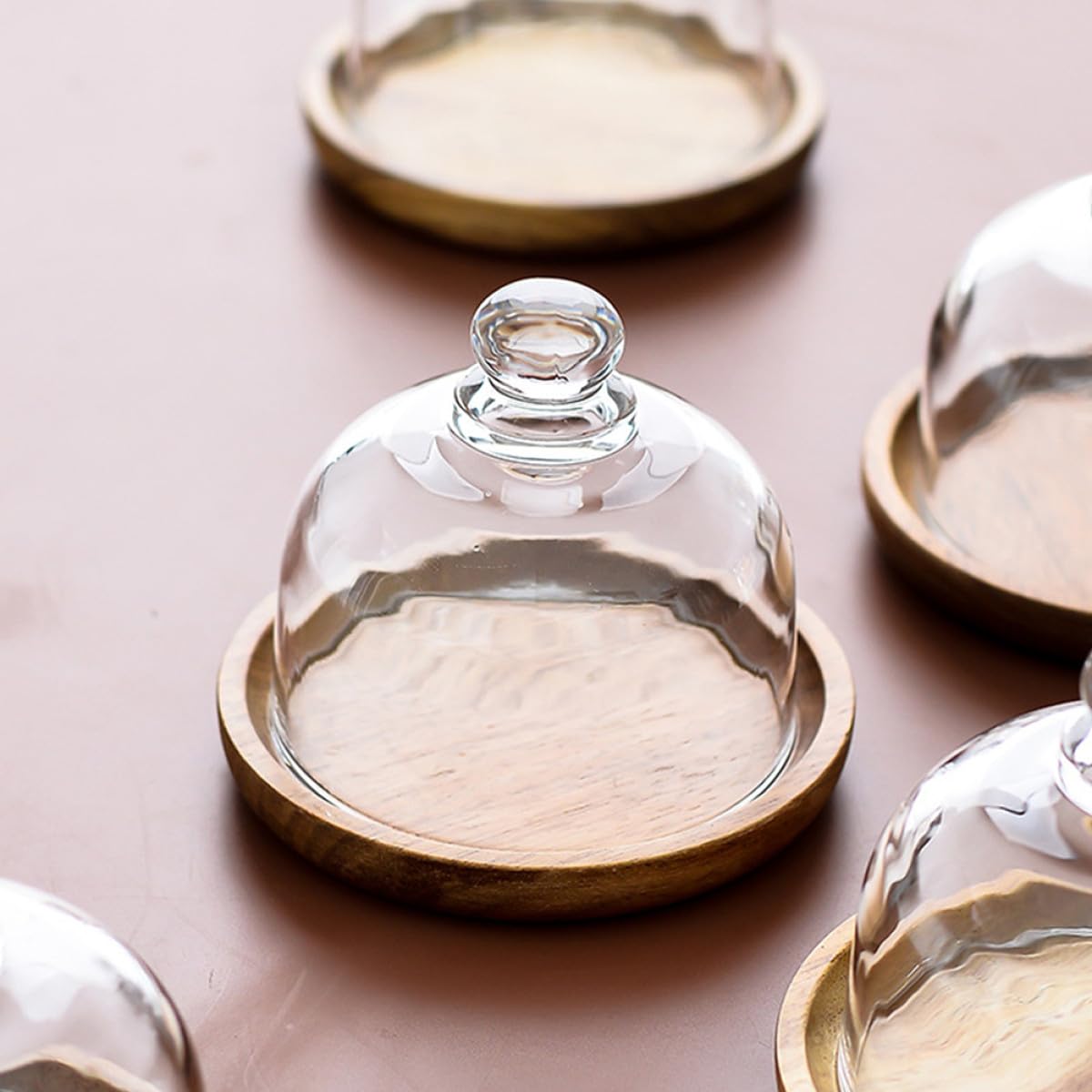 Mini Plateau à Dessert Cloche en Verre en Bois, 2 Ensembles
