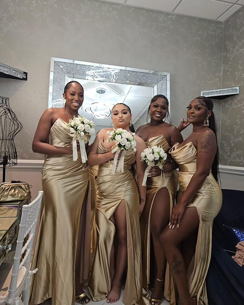 Strapless Satin Prom Dress 2026 Long Mermaid Bridesmaid Dresses for Women Ruched Formal Evening Gowns with Slit WA075 - Image 4