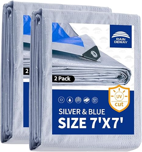 RAINDEWAY Tarps 7x7 pies (paquete de 2) - 5.5 mil, cubierta de lona de polietileno impermeable multiusos con ojales de metal y bordes reforzados,