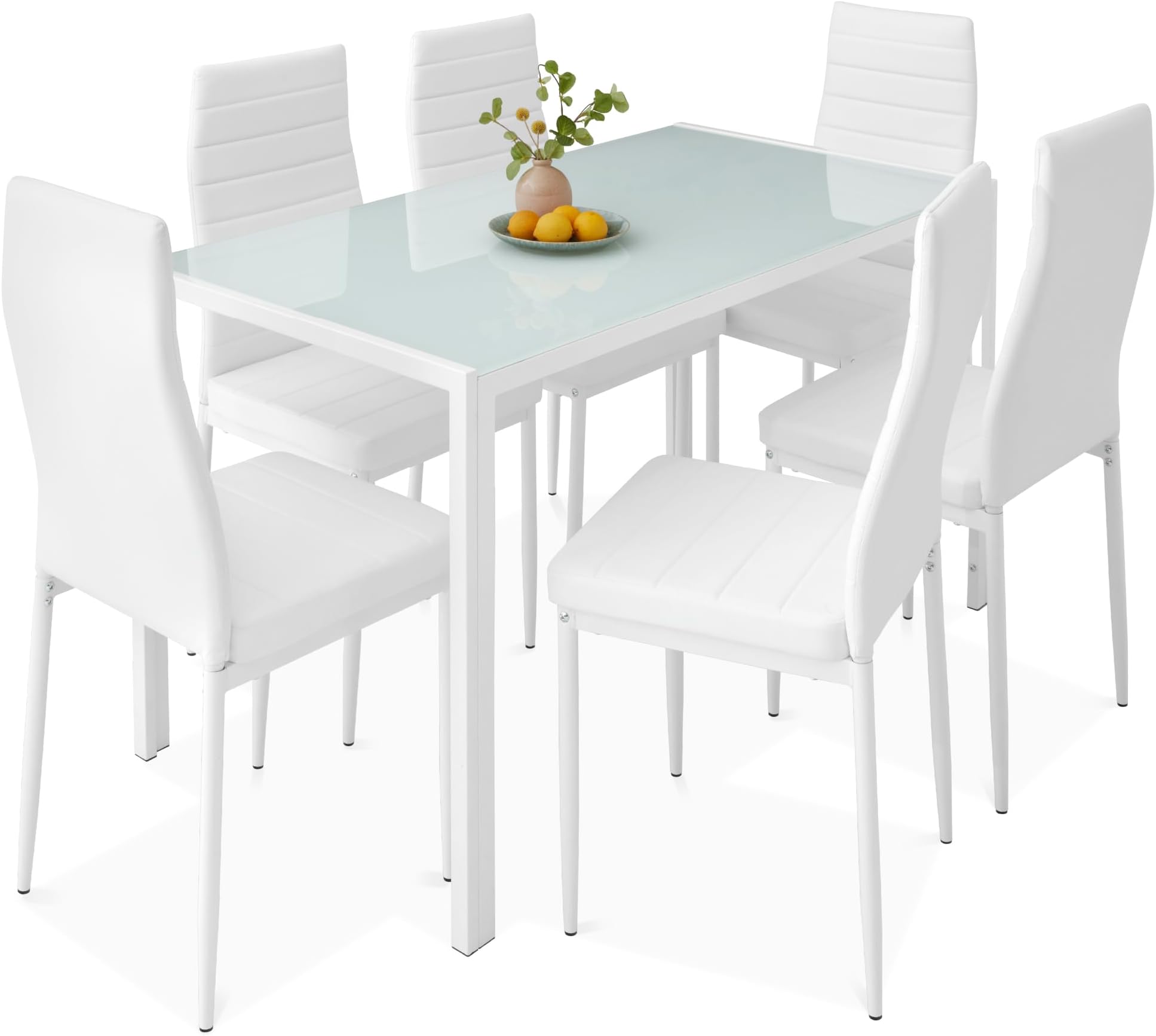Best Choice Products 7-Piece Glass Dining Set, Modern Kitchen Table Furniture for Dining Room, Dinette, Compact Space-Saving w/Glass Tabletop, 6 Upholstered PU Chairs, Metal Steel Frame - White