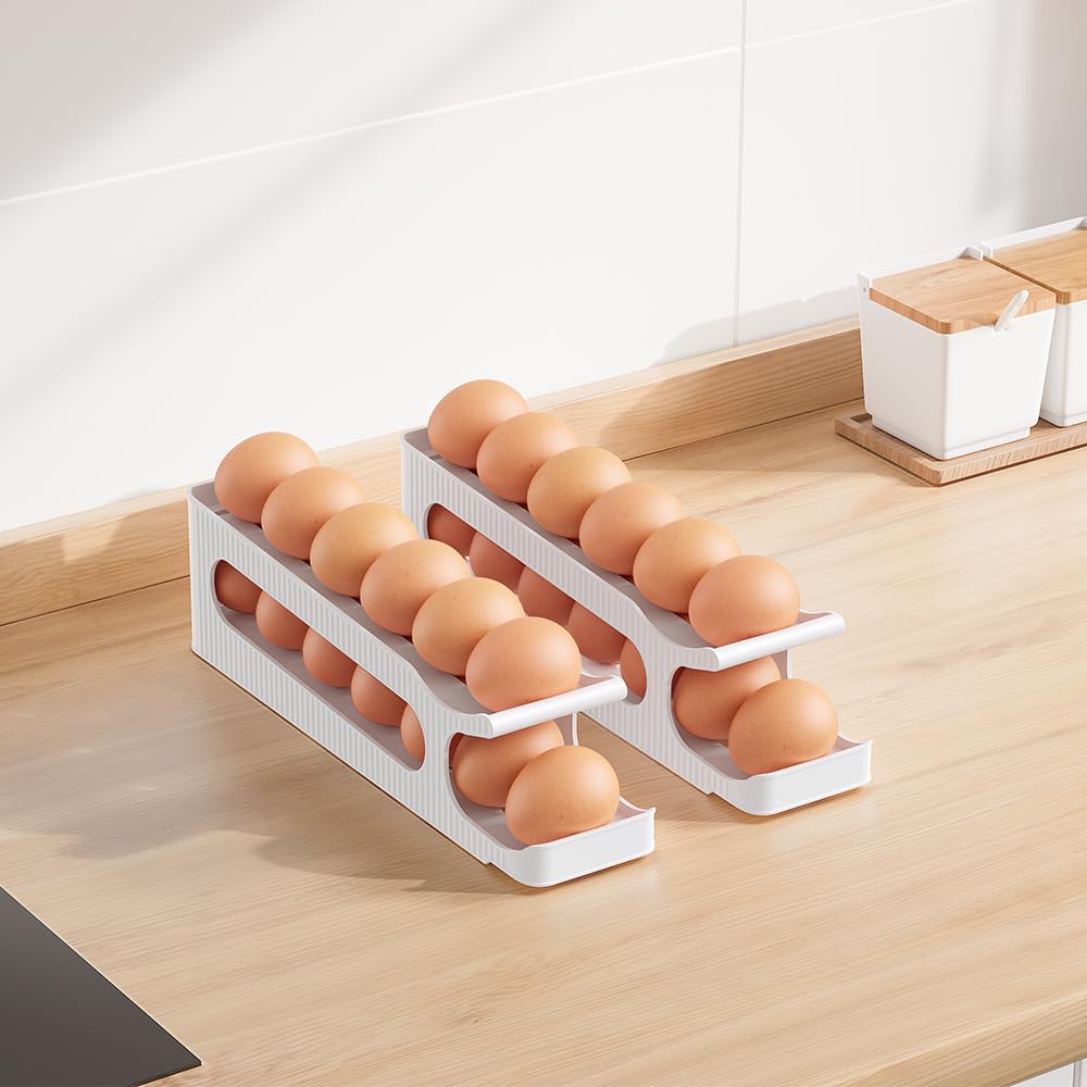 Soporte para huevos para nevera, organizador de almacenamiento de huevos de 2 niveles para refrigerador, recipiente delgado que ahorra espacio, dispensador - Rodillo de huevos para huevos, 12 unidades 8