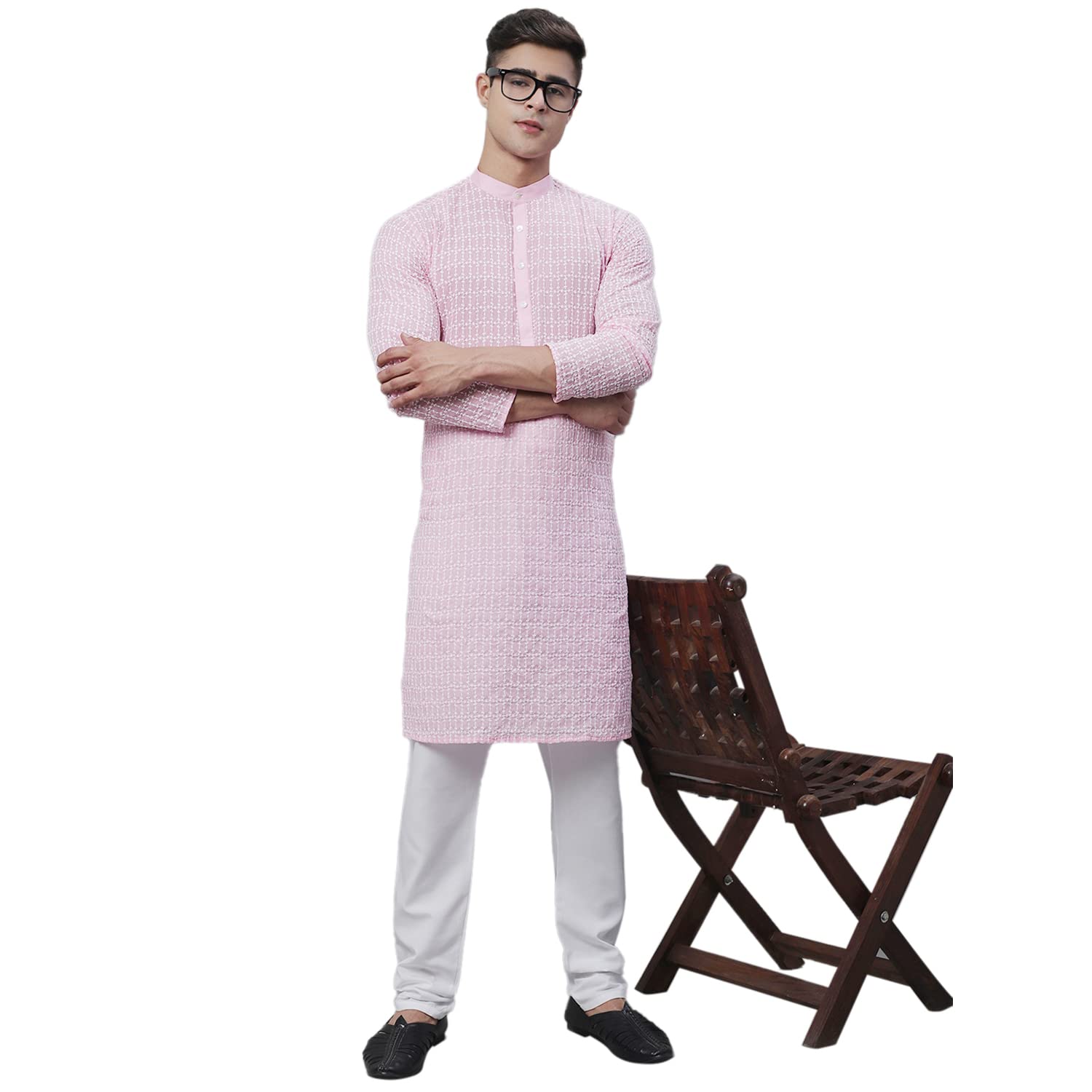 Sojanya (Since 1958 Men's Pure Cotton Pink Kurta With White Embroidery And White Pyjama Set