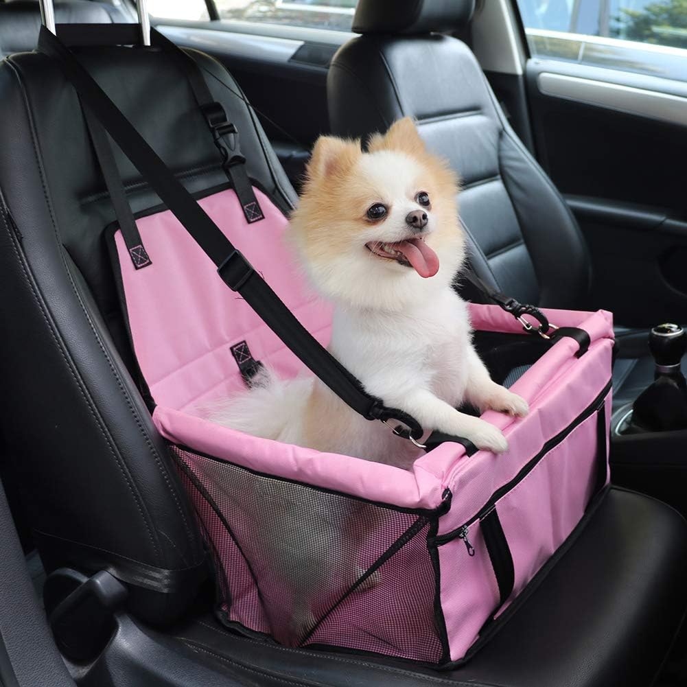 Petbobi Pet Reinforce Car Booster Seat for Dog Cat Portable and Breathable Bag with Seat Belt Dog Carrier Safety Stable for Travel Look Out,with Clip on Leash with PVC Tube (Pink) : Pet Supplies