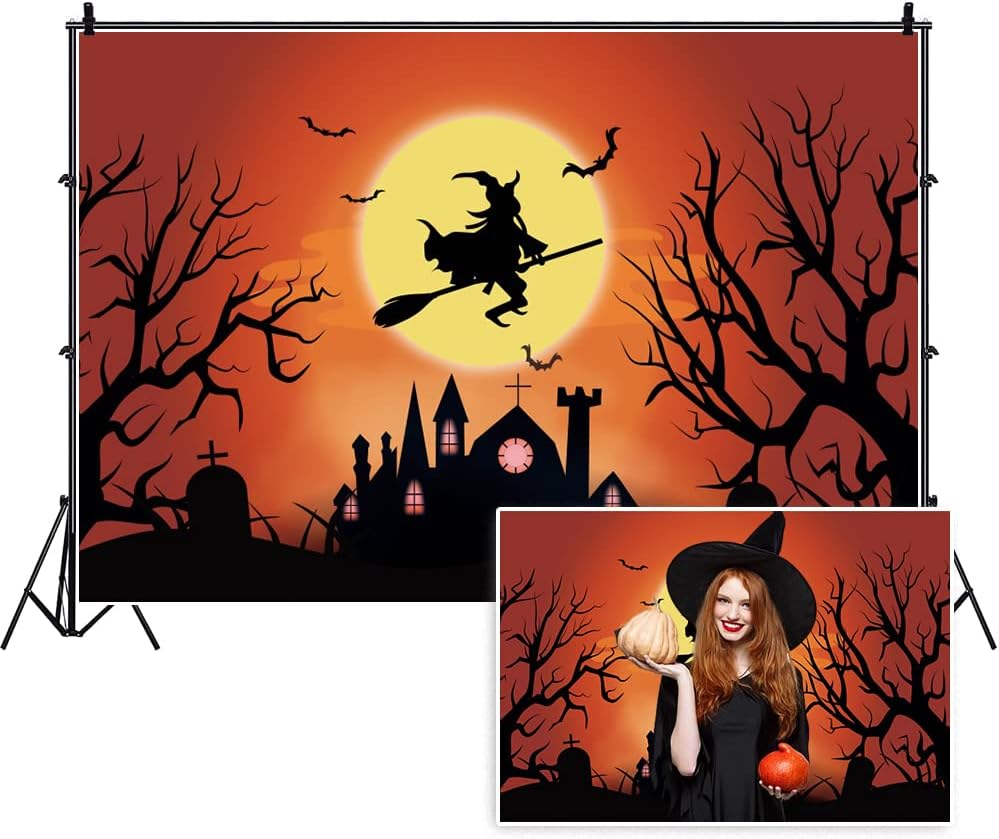 Renaiss Cartoon Halloween Backdrop Graveyard Castle Creepy Trees Orange Moon Witch Photography Background Trick Or Treat Party Banner Halloween Birthday Party Decor 7x5ft Photo Booth Props Wallpaper