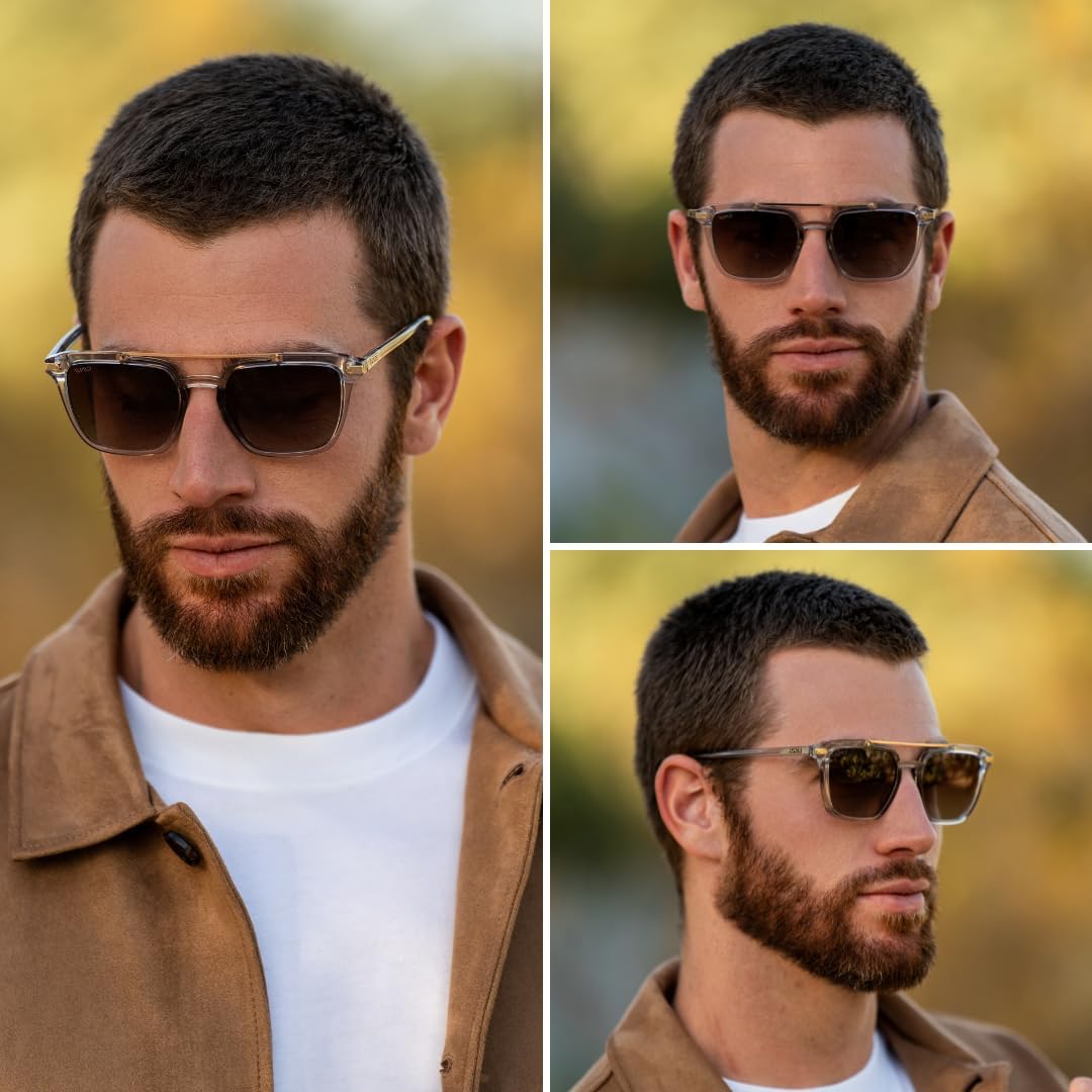 WMP Eyewear - Modern Men's Square Aviator Sunglasses - Double Metal Bridge with Polarized Lens Crystal Ice Grey Frame / Brown Gradient Lens image 3 of 9 B0D3NPGM32