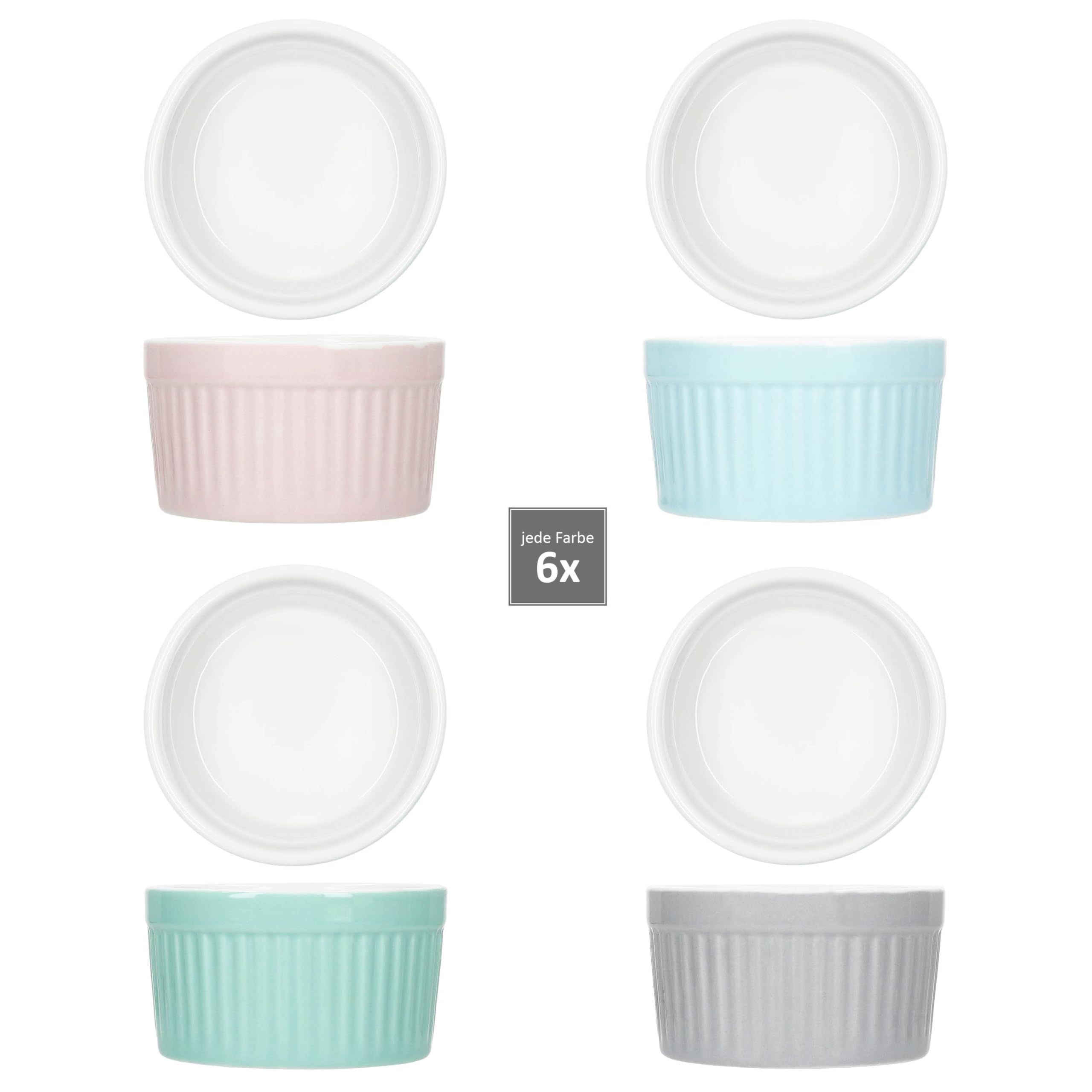 MamboCat Emilia 24er Set Soufflé Förmchen I 125ml, Ø8,8cm I je 6X rosa, türkis-blau, hellblau & grau I Porzellan Mini Backformen rund I für Crème Brûlée, kleine Aufläufe & Dessert