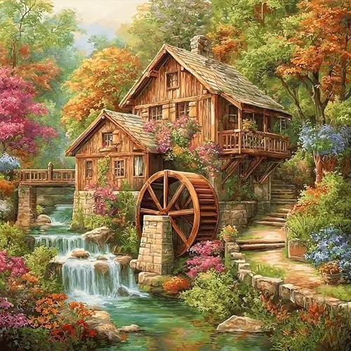 Diamond Painting Paysage Kit Complet 5D, Peinture Diamant Adulte avec Ferme, Moulin à Eau et Fleurs, Tableau Diamant DIY pour Débutants, Décoration Murale Maison et Salon, Loisir Créatif, 30x30 cm