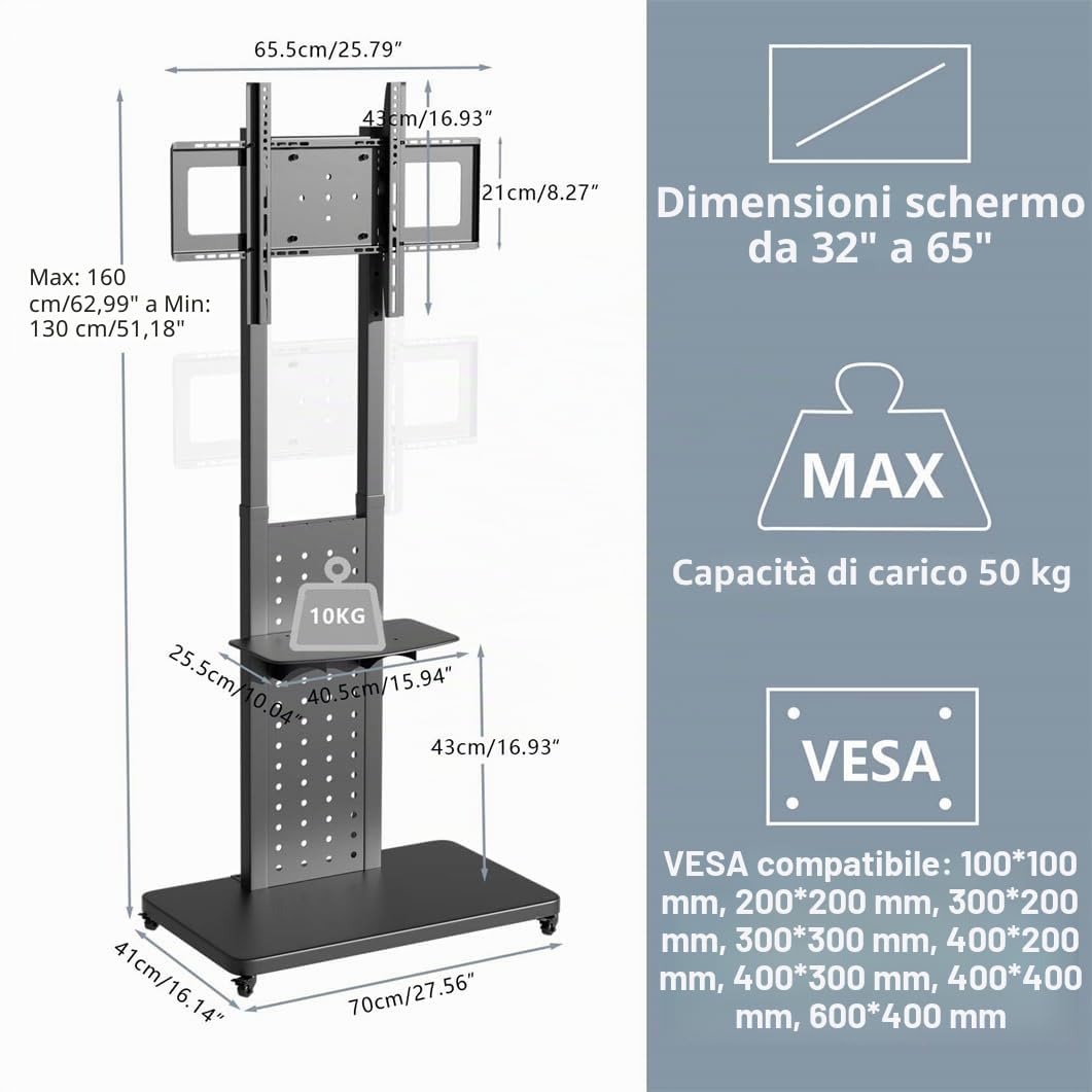 UNHO Supporto TV con Ruote Girevole: Carrello Porta TV da Terra Verticale Orizzontale Supporto tv Rotante per Schermo 32-65 Pollici Portata 50kg Max VESA 600x400mm Altezza Regolabile