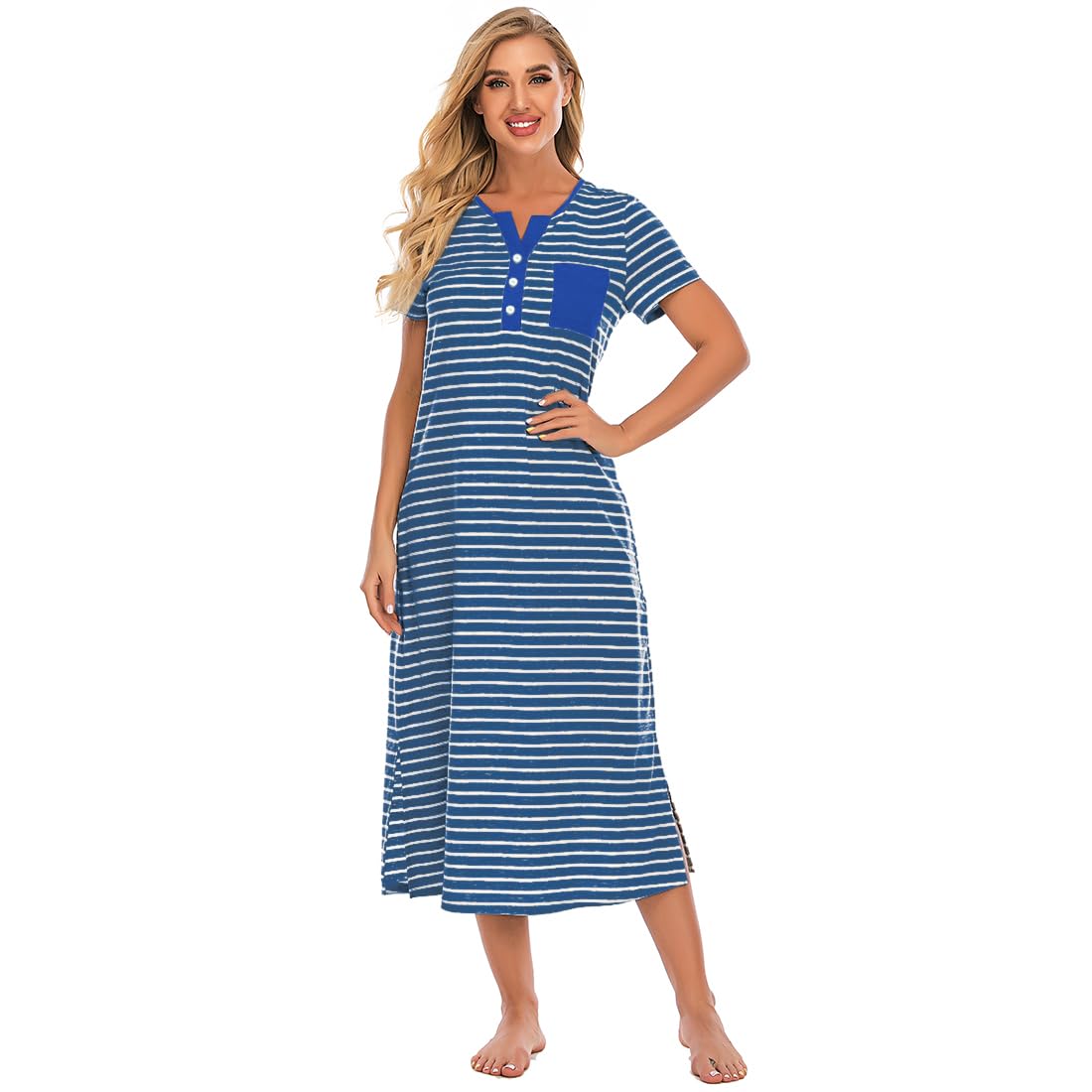 Jlowesun Chemise de Nuit à Rayures pour Femmes Robe de Nuit à Boutons Doux et à Manches Courtes avec Poches