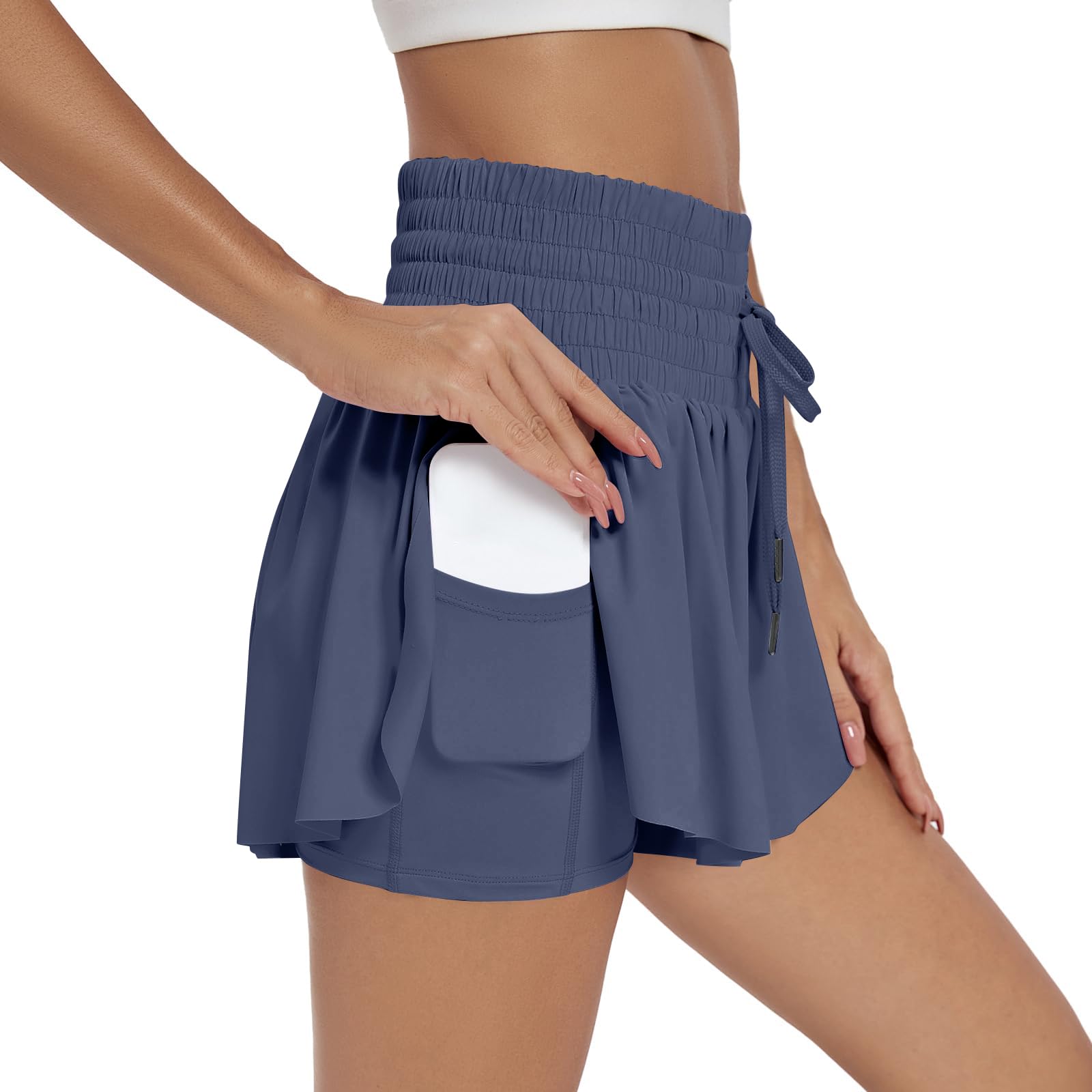 Flowy Athletic Shorts for Women 2 in 1 Running Shorts with Pockets High Waisted Butterfly Short Plus Size Gym Workout Tennis Skirt Skort Quick Dry Spandex Cheer Dolphin Short B-Navy