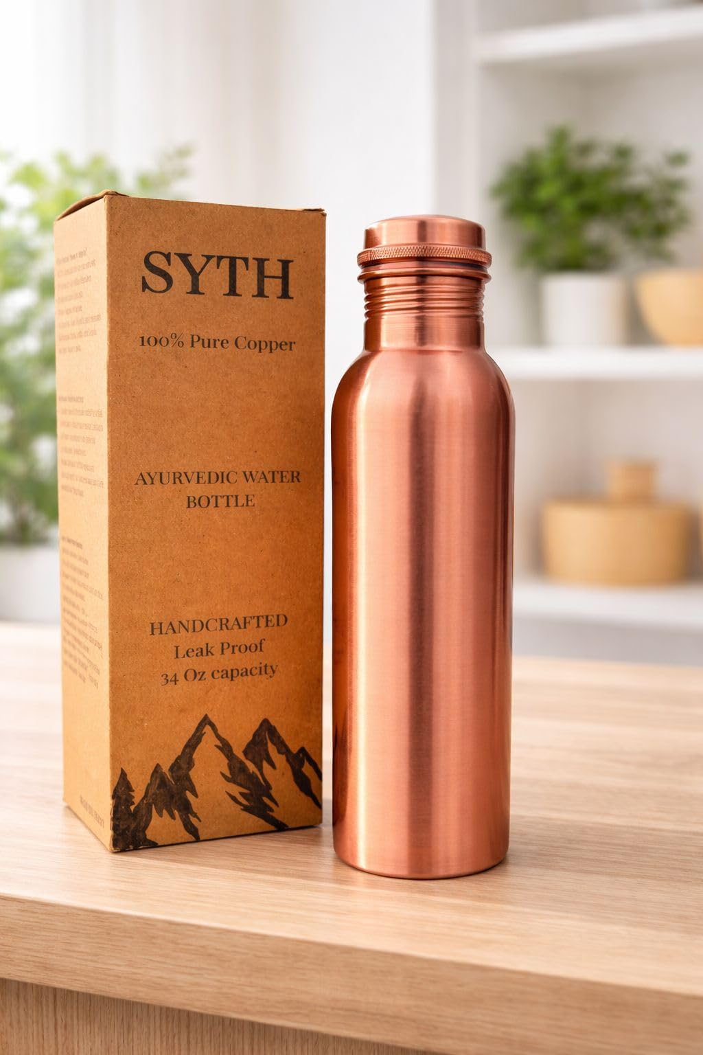 Wasserflasche aus 100 % reinem Kupfer mit Tragetasche, im Labor getestet, auslaufsicher, handgefertigt, ayurvedisches Kupfergefäß, Wasserflasche aus reinem Kupfer zum Trinken (Kupferflasche mit Tasche