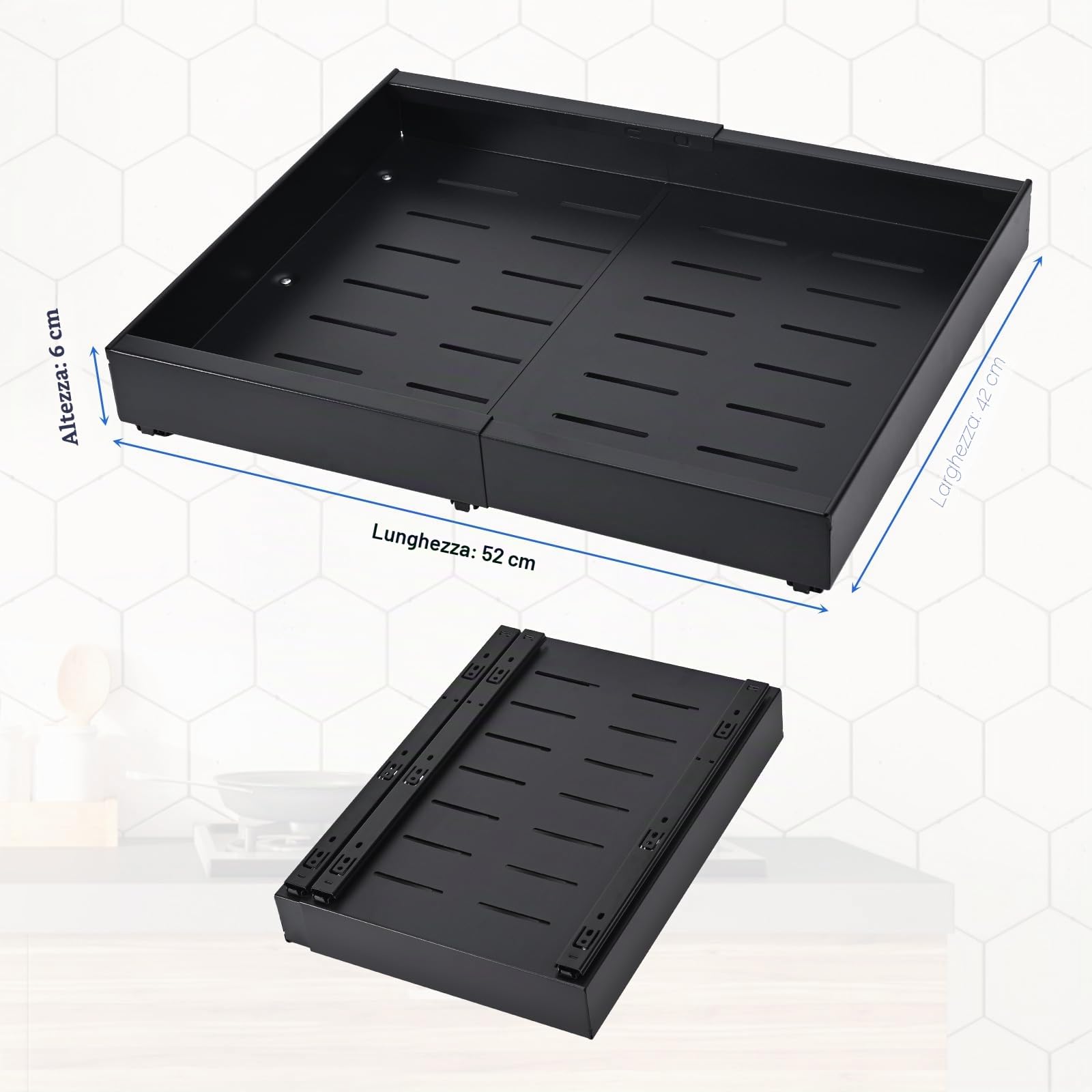 Cassetto telescopico, armadietto a scomparsa per la cucina, organizer per cassetti, larghezza regolabile senza fori (32-52 cm), adatto per cucina (nero)