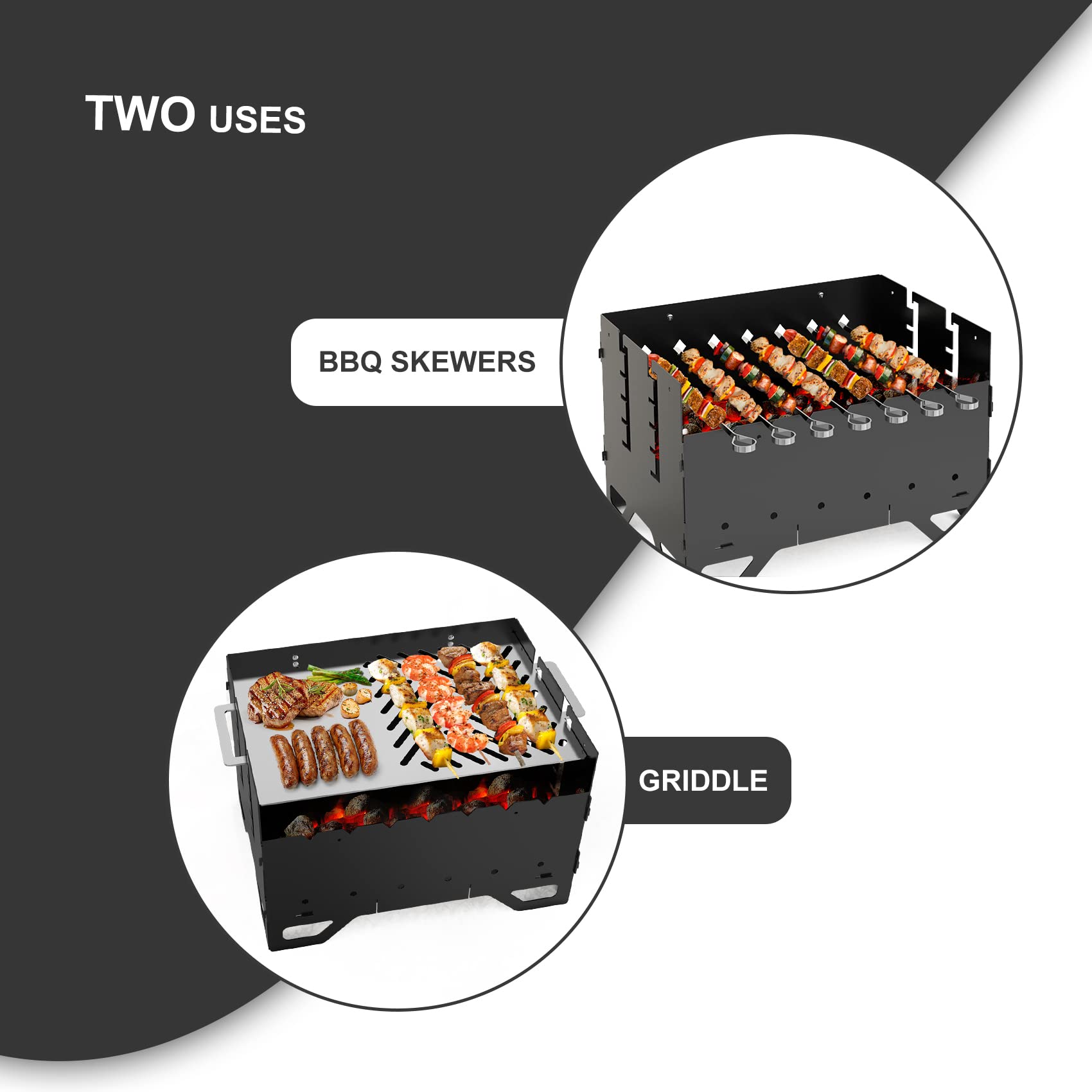 Onlyfire Mobiler Mangal Kohlegrill | Schaschlik Grill mit Plancha Grillplatte & 7 Spieße, 2 in 1 Tragbarer BBQ Holzkohlegrill - Ideal für Schaschlik, Kebab und Gemüse, 53 x 34 x30 cm